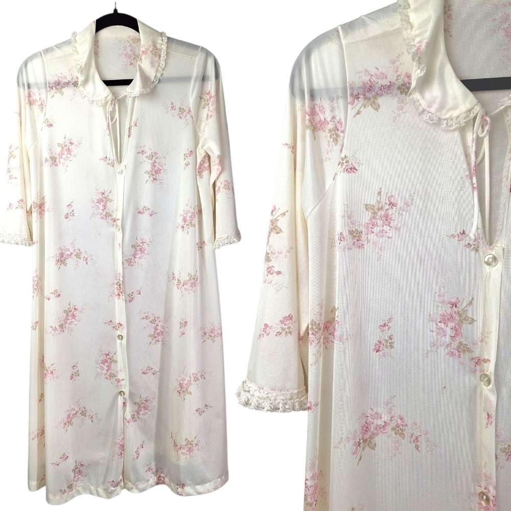 Vintage 70s Val Mode Nightgown Button Up Robe Floral Cottagecore Lace Coquette